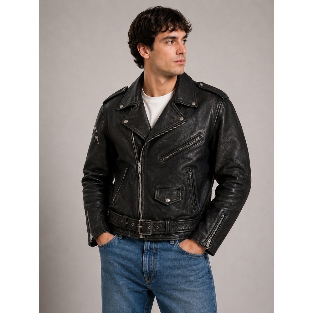 Mens Genuine Leather Biker Jacket Black Moto Belted Asymmetrical Zip Size 50